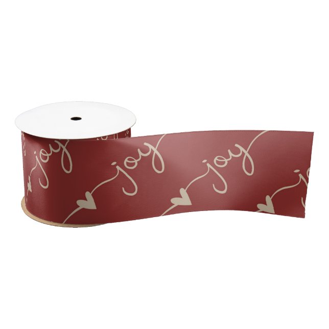 Red Handwritten Joy Hearts Christmas Satin Ribbon (Spool)