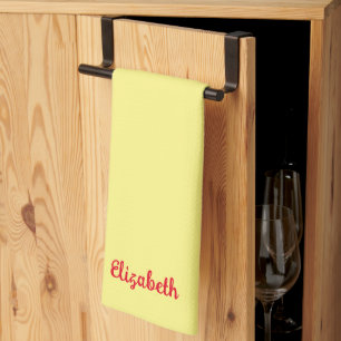 Red Handwritten Name Light Yellow Solid Colour Tea Towel