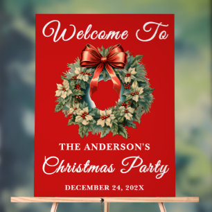 Red Handwritten Script Christmas Party Welcome Acrylic Sign