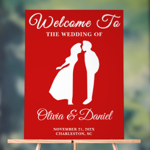 Red Handwritten Script Christmas Wedding Welcome Acrylic Sign