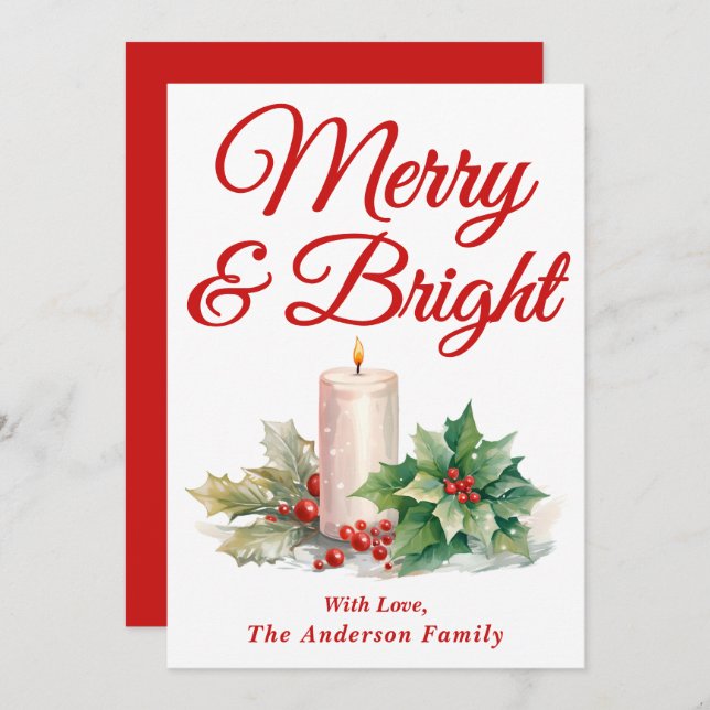Red Handwritten Script Merry & Bright Holiday Card (Front/Back)