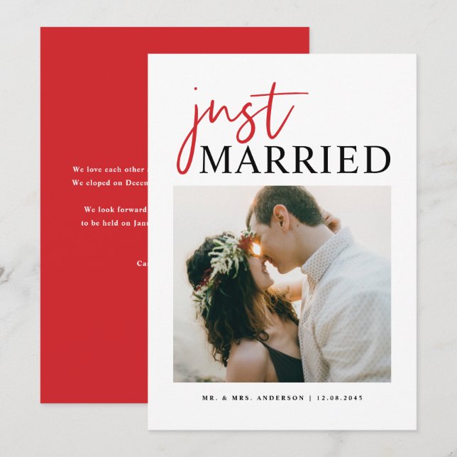 Red Handwritten Typography Just Married Photo Announcement (Front/Back)