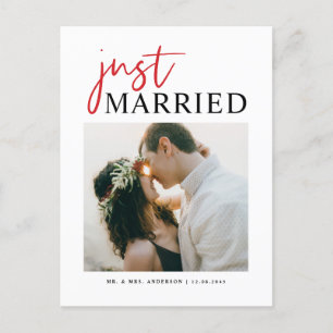 Red Handwritten Typography Just Married Photo Announcement Postcard