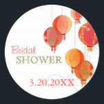 Red Hanging Lanterns Bridal Shower Classic Round Sticker<br><div class="desc">Chic, stylish paper lanterns in shades of red, orange and yellow flourish light red and grey swirls white background illustrated on custom Bridal Shower Stickers. Customise the unique little stickers for your ASIAN THEME WEDDING or BRIDAL SHOWER. The classy and modern look of the lantern design will easily catch the...</div>