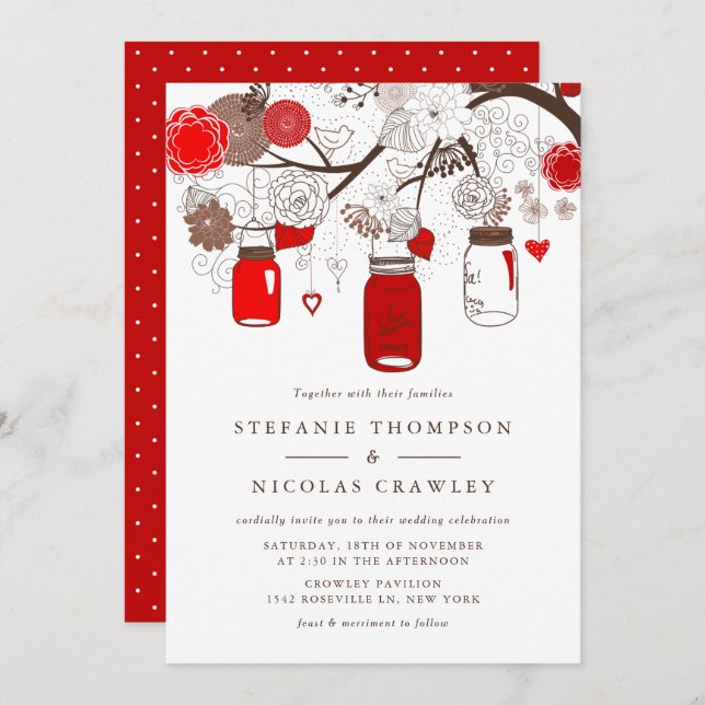 Red Hanging Mason Jars Wedding Invitation (Front/Back)