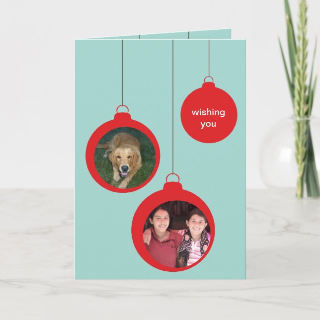 Red hanging ornaments photo greeting Christmas Holiday Card (Front)