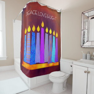 Red Hanukkah Candles Peace Love Light Quote Bold Shower Curtain