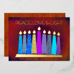 Red Hanukkah Candles Peace Love Light Real Gold Foil Holiday Card<br><div class="desc">“Peace, love & light.” A playful, modern, artsy illustration of boho pattern candles in a menorah helps you usher in the holiday of Hanukkah. Assorted blue candles with colourful real gold foil patterns, real gold foil flames and menorah, overlay a rich, deep burnt red orange textured background. Faux copper diamond...</div>