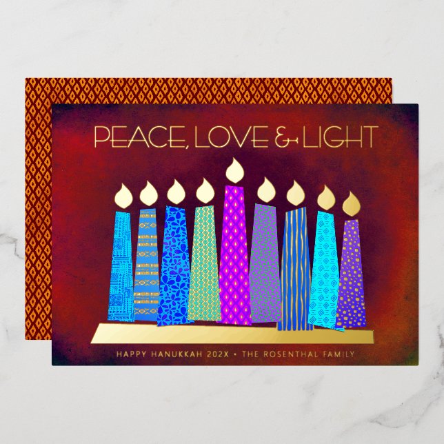Red Hanukkah Candles Peace Love Light Real Gold Foil Holiday Card (Front/Back)
