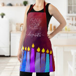 Red Hanukkah Menorah Candles Peace Love Light Bold Apron<br><div class="desc">“Peace, love & light.” Here’s a wonderful way add to the fun of your holiday baking. Add extra sparkle to your holiday culinary adventures whenever you wear this stunning, colourful, custom name Hanukkah apron. A playful, artsy illustration of blue menorah candles with colourful faux foil patterns and modern typography overlay...</div>