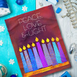 Red Hanukkah Menorah Candles Peace Love Light Bold Fleece Blanket<br><div class="desc">“Peace, love & light.” A playful, modern, artsy illustration of boho pattern candles in a menorah helps you usher in the holiday of Hanukkah. Assorted blue candles with colourful faux foil patterns overlay a rich, deep burnt red orange textured background. Feel the warmth and joy of the holiday season whenever...</div>