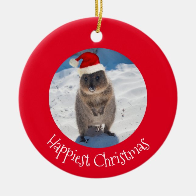 Red Happiest Christmas Quokka Beach Australia Ceramic Tree Decoration (Front)