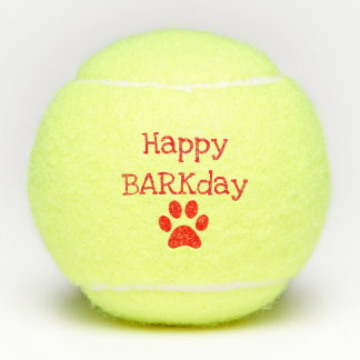 Red Happy Barkday Birthday Pet Dog Toy Tennis Balls