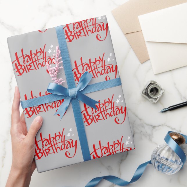 Red Happy Birthday on Grey Wrapping Paper (Gifting)