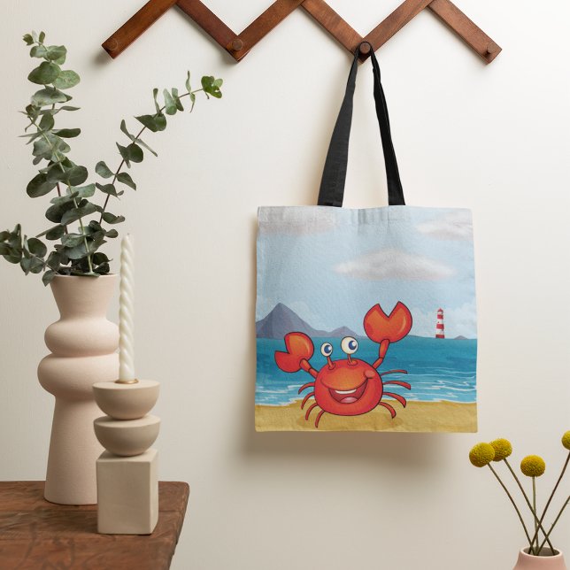 Red Happy Crab On A Beach Tote Bag (Creator Uploaded)