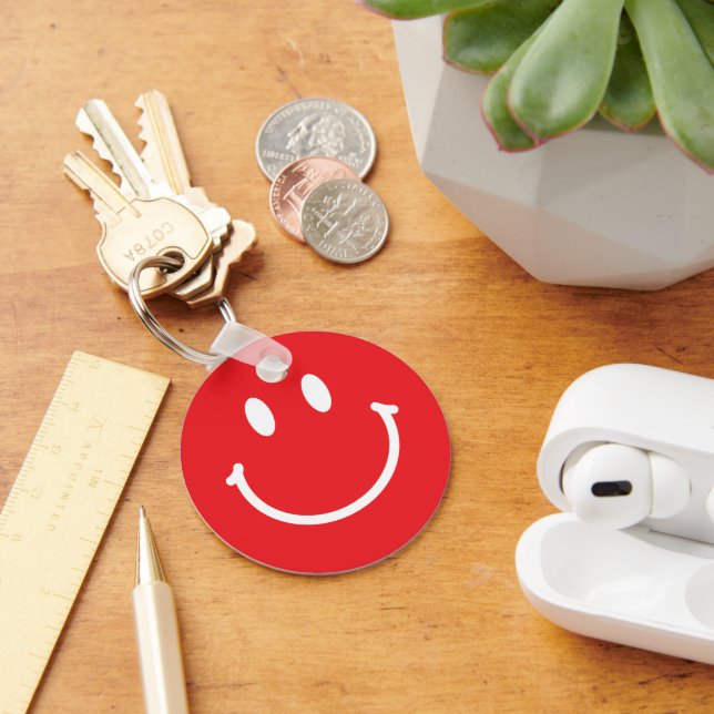 Red Happy Face Button Key Ring (Desk)