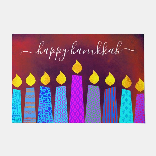 Red Happy Hanukkah Script Boho Candles Bold Modern Doormat (Front)
