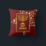 Red | HAPPY HANUKKAH with | Menorah Cushion<br><div class="desc">Stylish festive pillow with faux gold stars and menorah. HOLIDAY BLESSINGS appears in subtle background pattern. Placeholder text is customisable so you can change HAPPY HANUKKAH to a greeting of your own choice (text of similar length) or in your own language, and you can add your name or short message....</div>