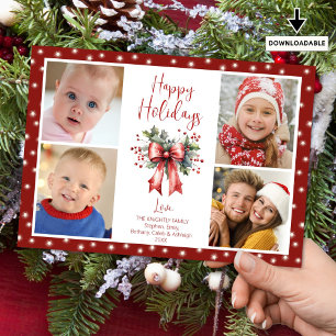 Red Happy Holidays 4 Photo Script Bow Lights Holiday Card
