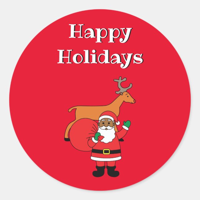 Red Happy Holidays African American Santa Claus Classic Round Sticker (Front)