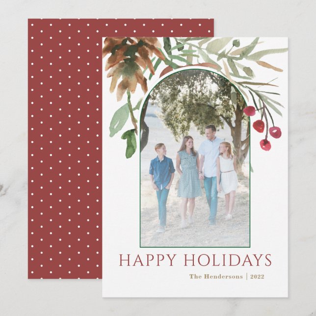 Red Happy Holidays Christmas Berries Photo Card (Front/Back)