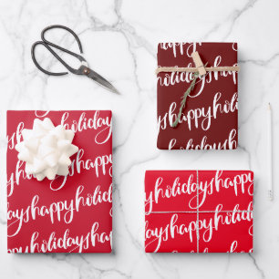 red happy holidays festive script fun wrapping paper sheet