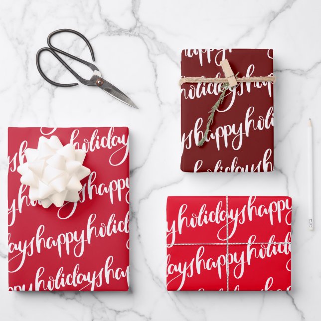 red happy holidays festive script fun wrapping paper sheet (Front)