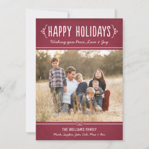 Red Happy Holidays Joy Love Peace Wishes Photo Holiday Card