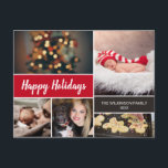 Red Happy Holidays Photo Collage Christmas Holiday Postcard<br><div class="desc">Your beautiful family photos deserve to be shared during this time of year as you send warm wishes. Customise this modern collage design & personalise with your family greeting. Find the other pieces from the collection. This design uses red as an accent colour but it can be easily switched to...</div>