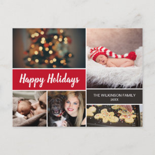 Red Happy Holidays Photo Collage Christmas Holiday Postcard