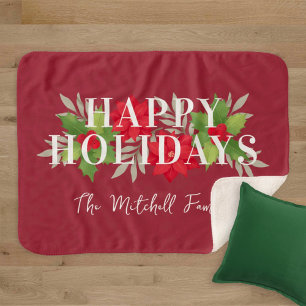 Red Happy Holidays Poinsettia Family Name Sherpa Blanket