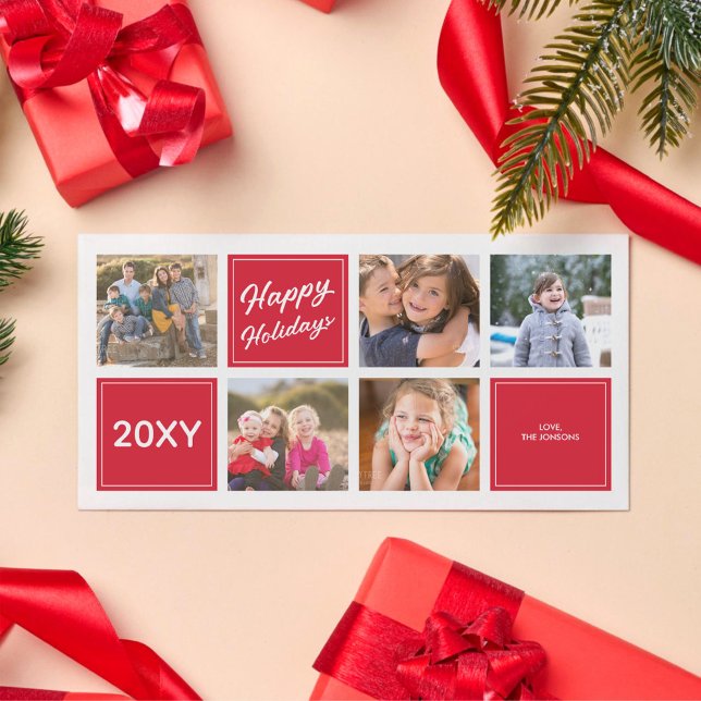 Red Happy Holidays Stylish 5 Collage Photo Card (Creator Uploaded)