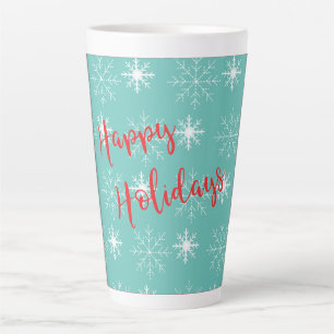 Red Happy Holidays Text, Snowflakes, Teal, Modern Latte Mug