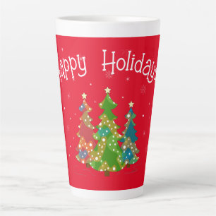 Red Happy Holidays, Trees, Snowflakes, Modern Latte Mug