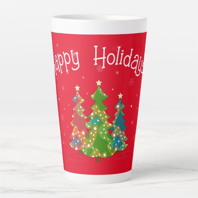 Red Happy Holidays, Trees, Snowflakes, Modern Latte Mug (Front)
