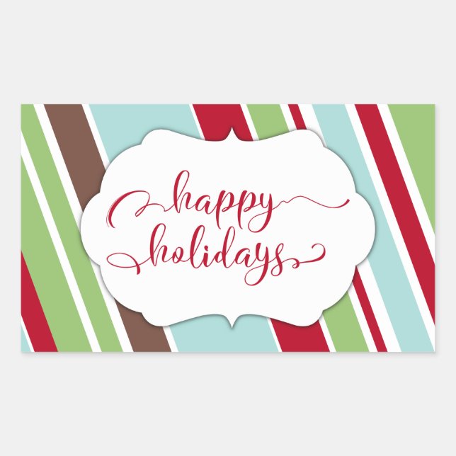 Red Happy Holidays Typography w/ Diagonal Stripes Rectangular Sticker (Front)