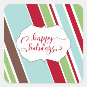 Red Happy Holidays Typography w/ Diagonal Stripes Square Sticker