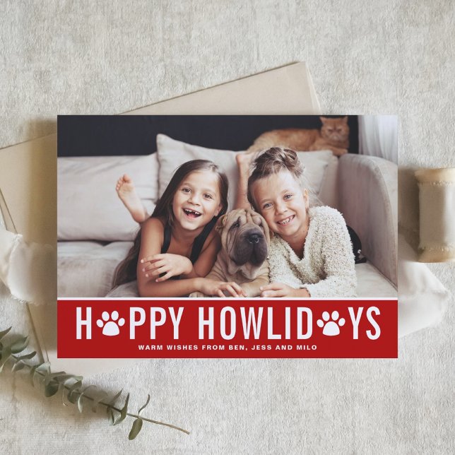 Red Happy Howlidays Modern Typography Dog Photo Holiday Card (Creator Uploaded)