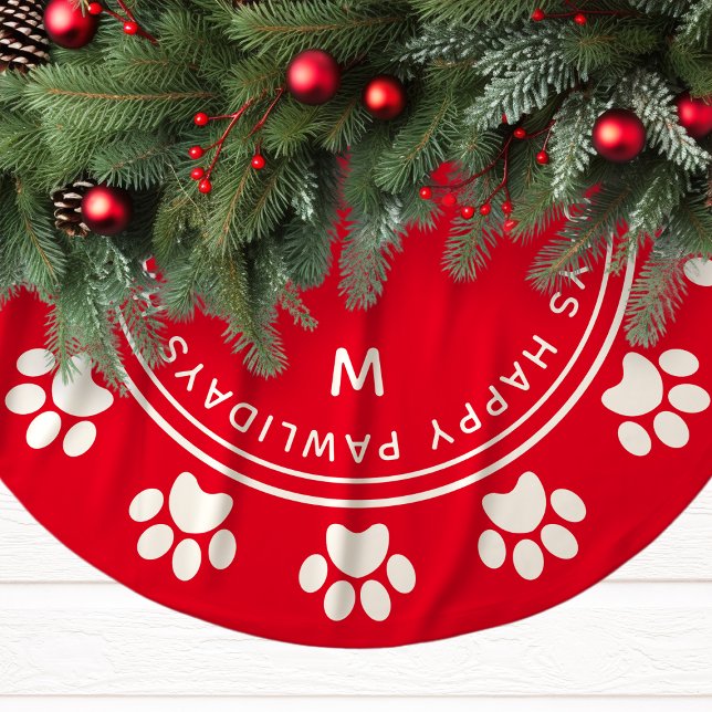 Red Happy Pawlidays Paw Print Pet Christmas Brushed Polyester Tree Skirt (Creator Uploaded)