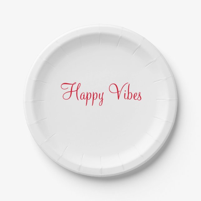 Red happy vibes holiday simple minimal calligraphy paper plate (Front)