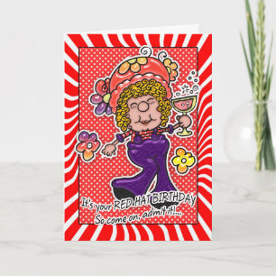 Red Hat Birthday Card - Fun Lady With A Glass Of W