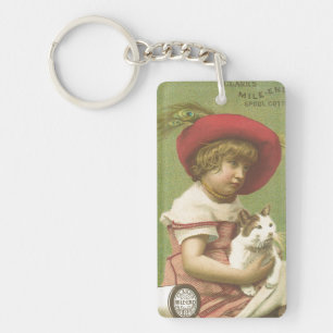 Red Hat Girl Holding A Cat Ephemera Keychain