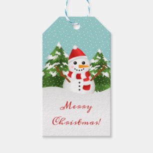 Red Hat Snowman Fir Tree Winter Forest Christmas Gift Tags