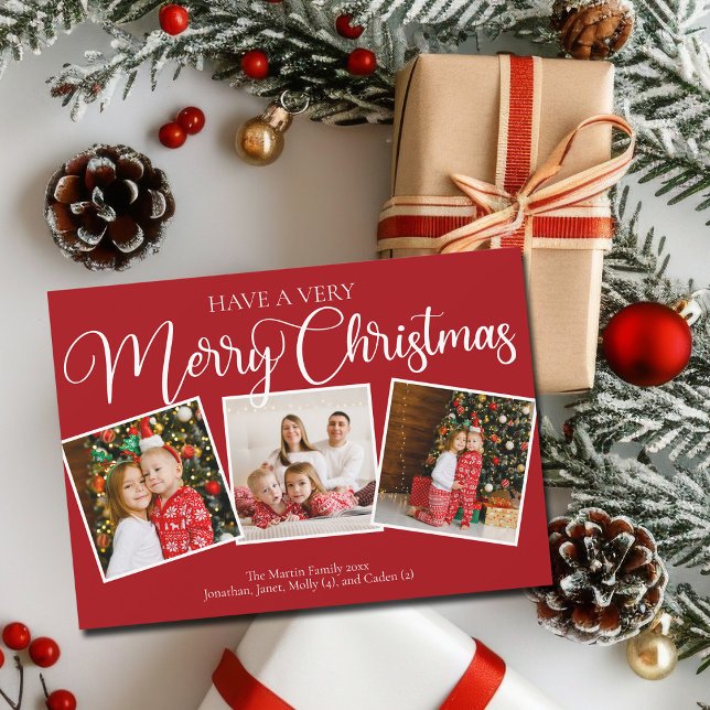 Red Have a Very Merry Christmas 3 Photo Collage Holiday Card (Creator Uploaded)