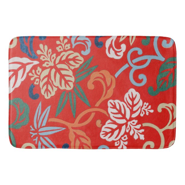 Red Hawaiian Japanese Kimono: Vintage Floral Bath Mat (Front)