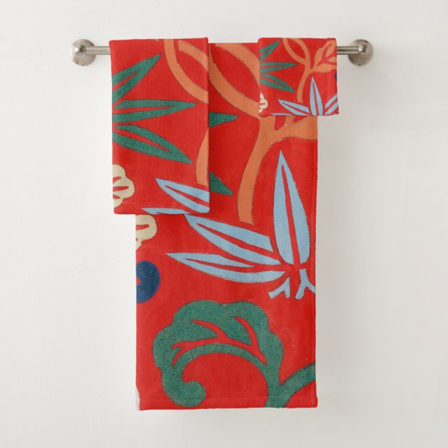 Red Hawaiian Japanese Kimono: Vintage Floral Bath Towel Set (Insitu)