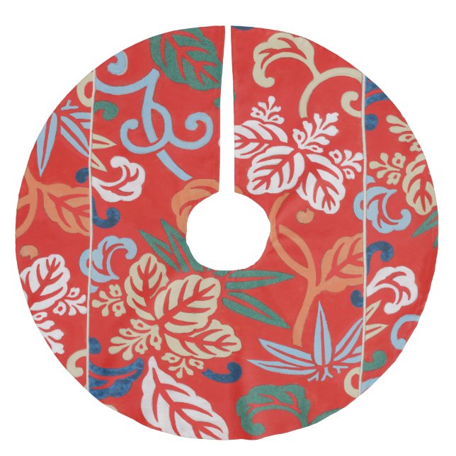 Red Hawaiian Japanese Kimono: Vintage Floral Brushed Polyester Tree Skirt (Front)