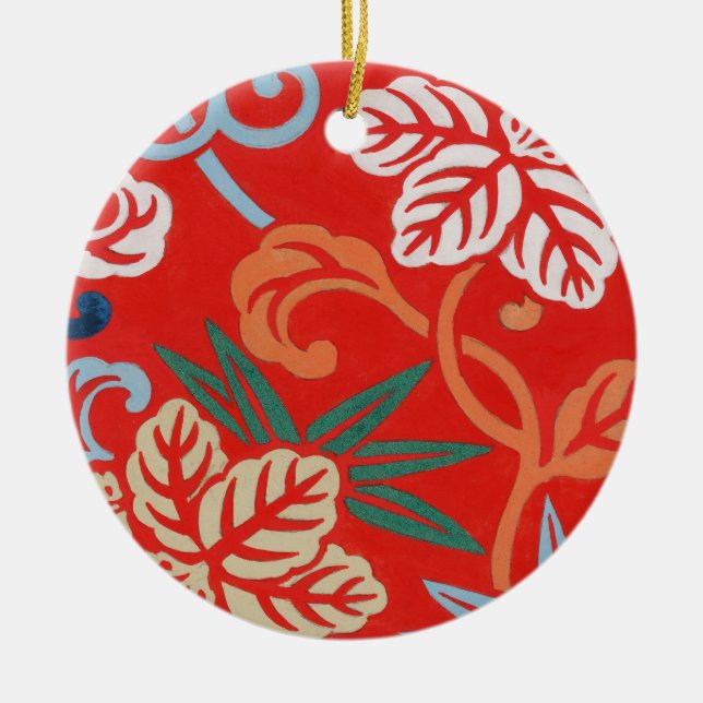 Red Hawaiian Japanese Kimono: Vintage Floral Ceramic Tree Decoration (Front)