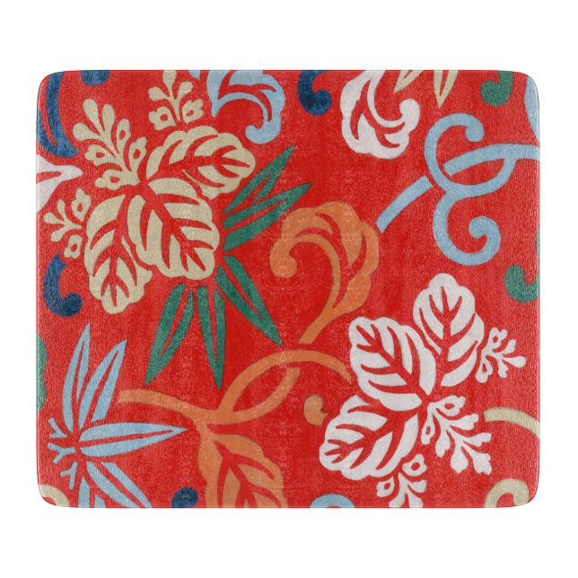 Red Hawaiian Japanese Kimono: Vintage Floral Cutting Board (Front)