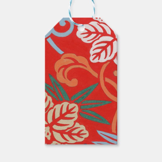 Red Hawaiian Japanese Kimono: Vintage Floral Gift Tags (Front)